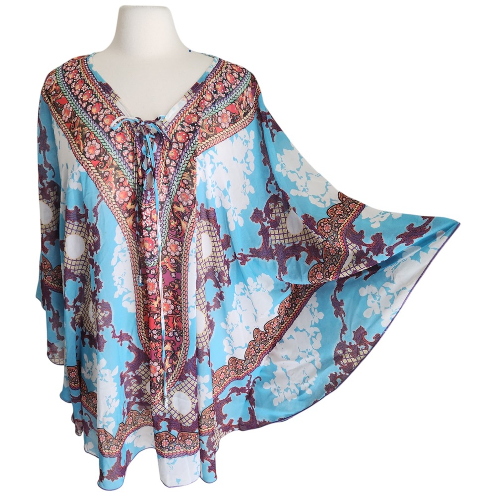 Ali Miles‎ Blouse Womens 3X Kimono Medallion SHEER Tunic Poncho Cover Up